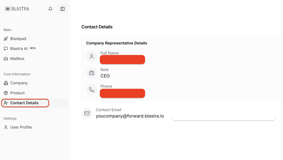 Screenshot showing where to find your Blastra forwarding email in the Contact Details section
