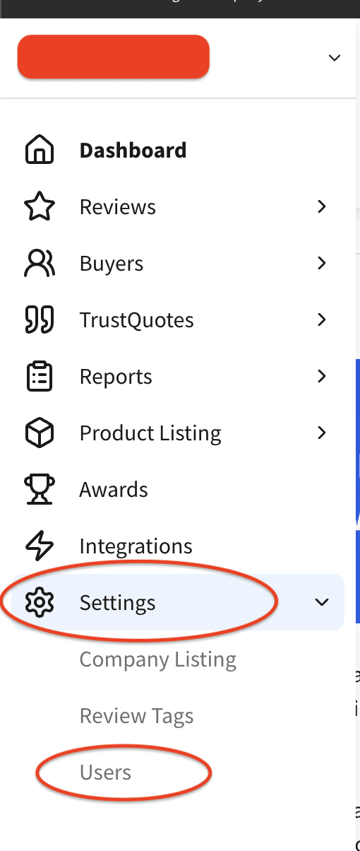 Screenshot showing how to navigate to Settings and Users in TrustRadius