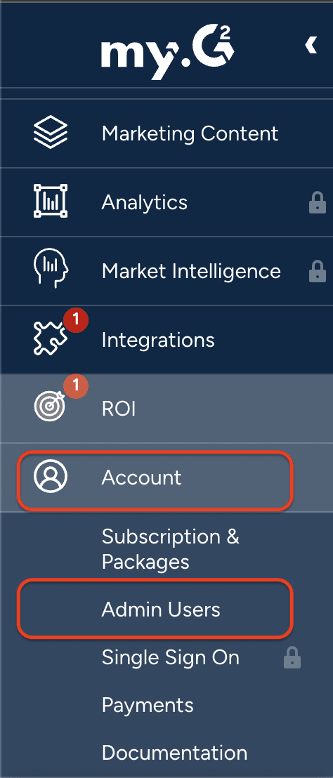 Screenshot showing the Account and Admin Users navigation in G2 admin panel
