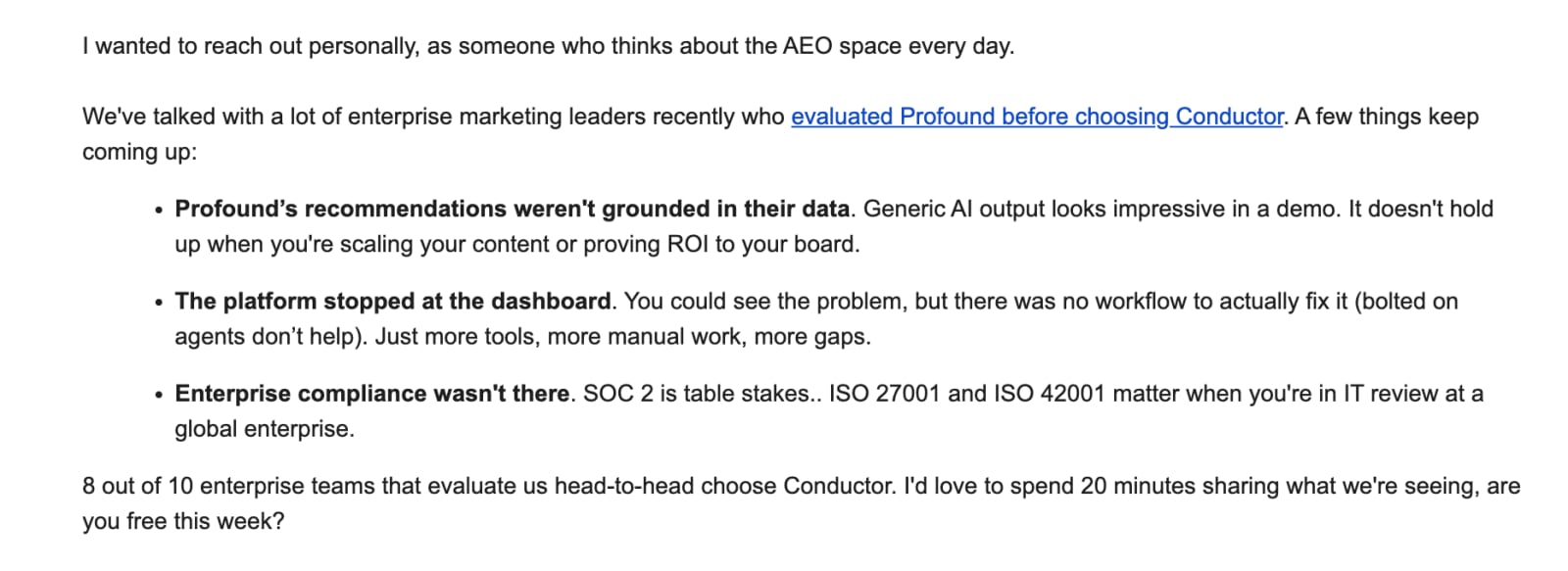 Screenshot of the outbound email Conductor sent positioning itself against Profound