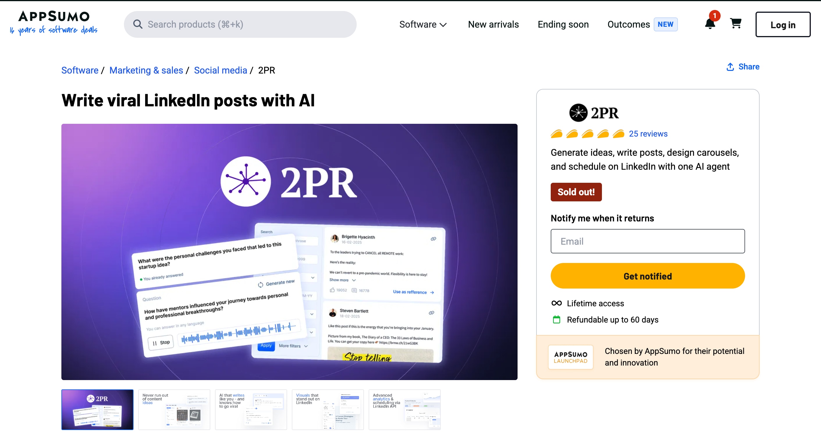 2pr.io's lifetime deal listing page on AppSumo