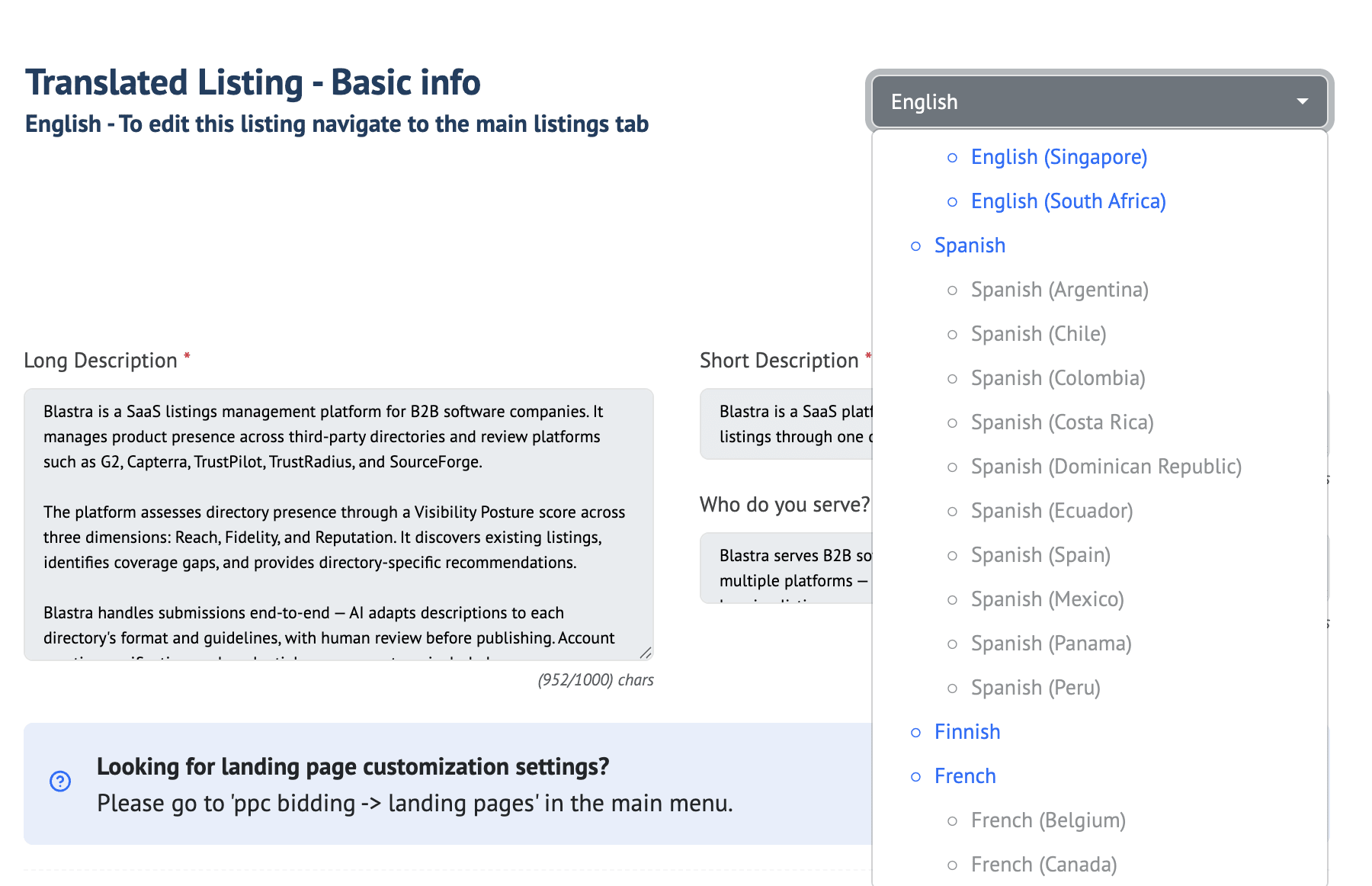 G2 Digital Markets vendor dashboard showing Capterra localization settings with Spanish locales for Argentina, Chile, Colombia, Costa Rica, Dominican Republic, Ecuador, Mexico, Panama, and Peru