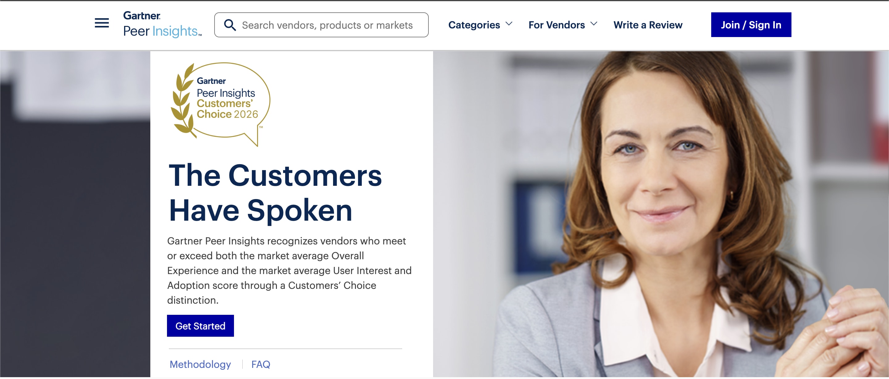 Gartner Peer Insights Customers' Choice page showing The Customers Have Spoken headline and methodology links