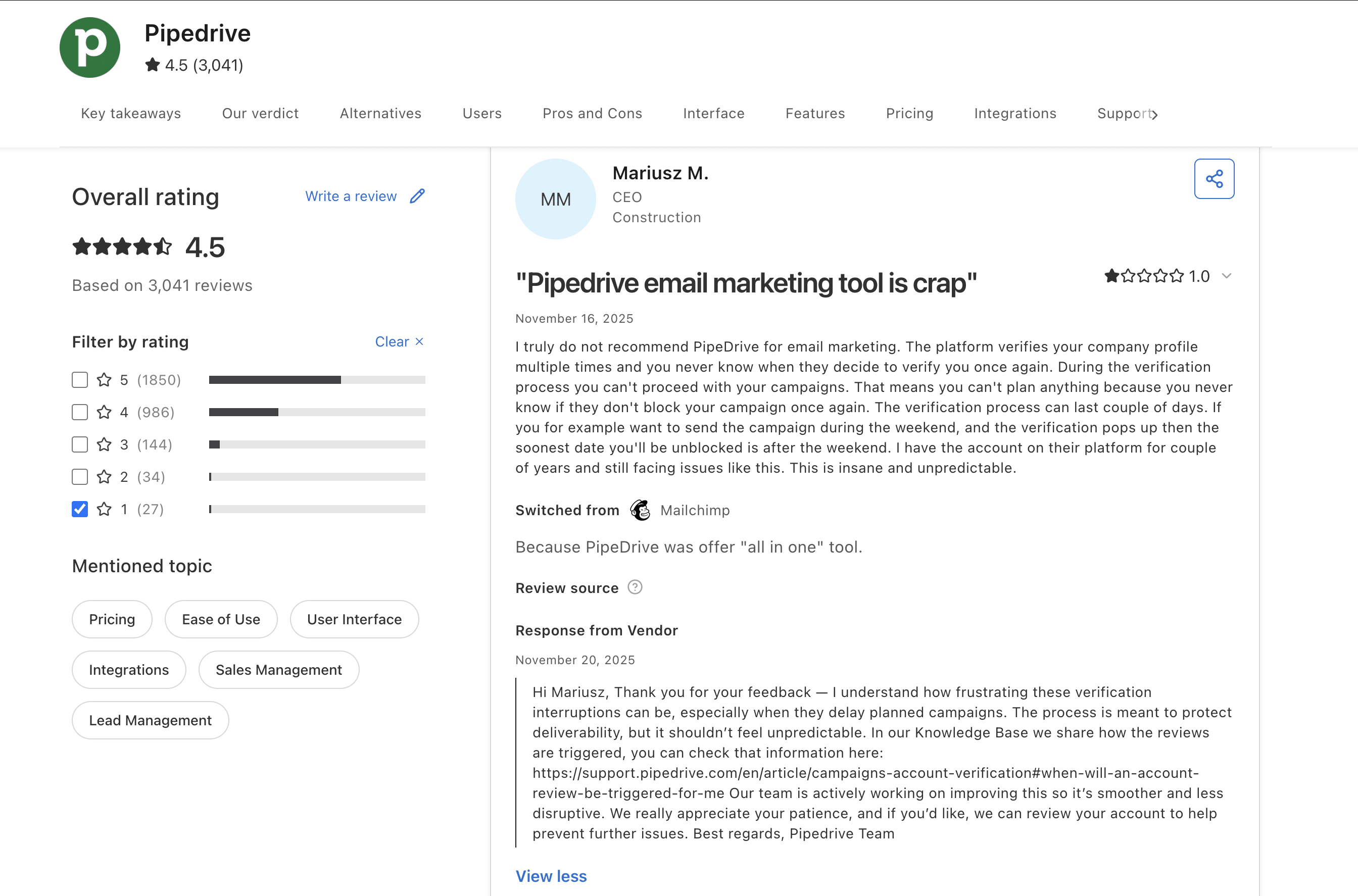 Pipedrive responding to customer reviews on Capterra with personalized messages