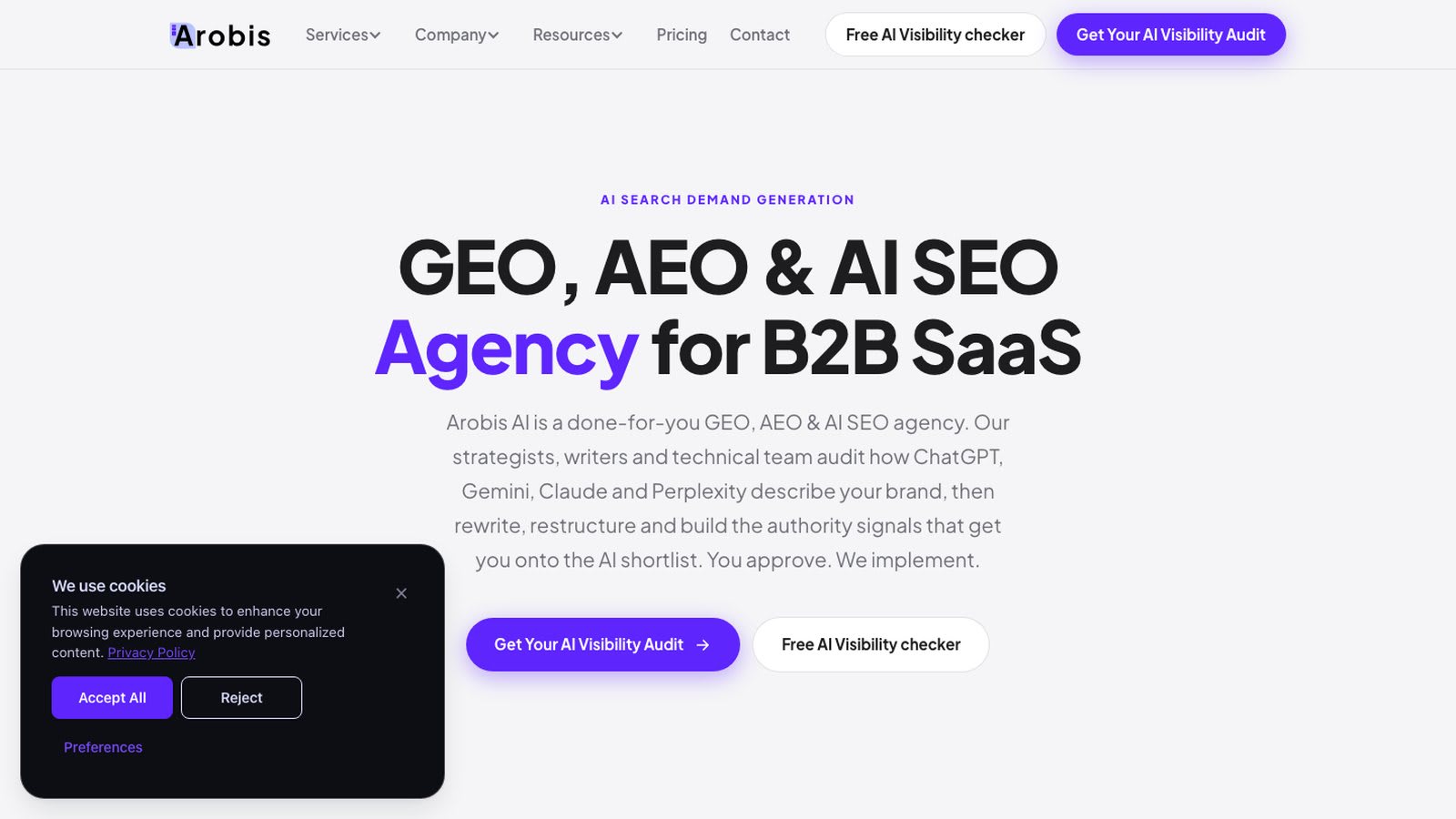 Arobis AI homepage: GEO, AEO & AI SEO Agency for B2B SaaS