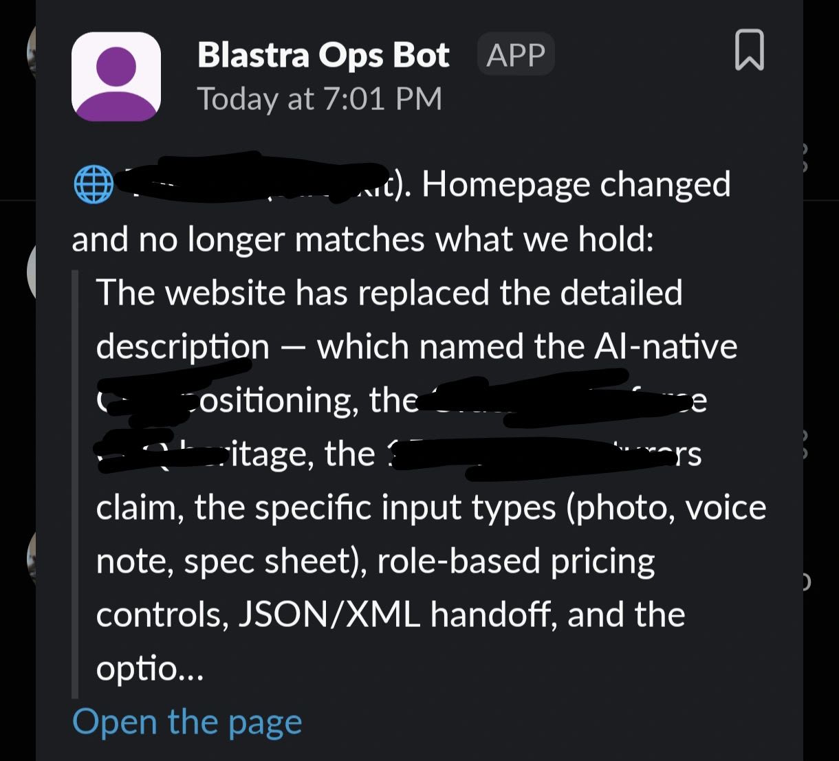 Blastra's internal alert that a customer's homepage changed and no longer matches the product description held for their listings