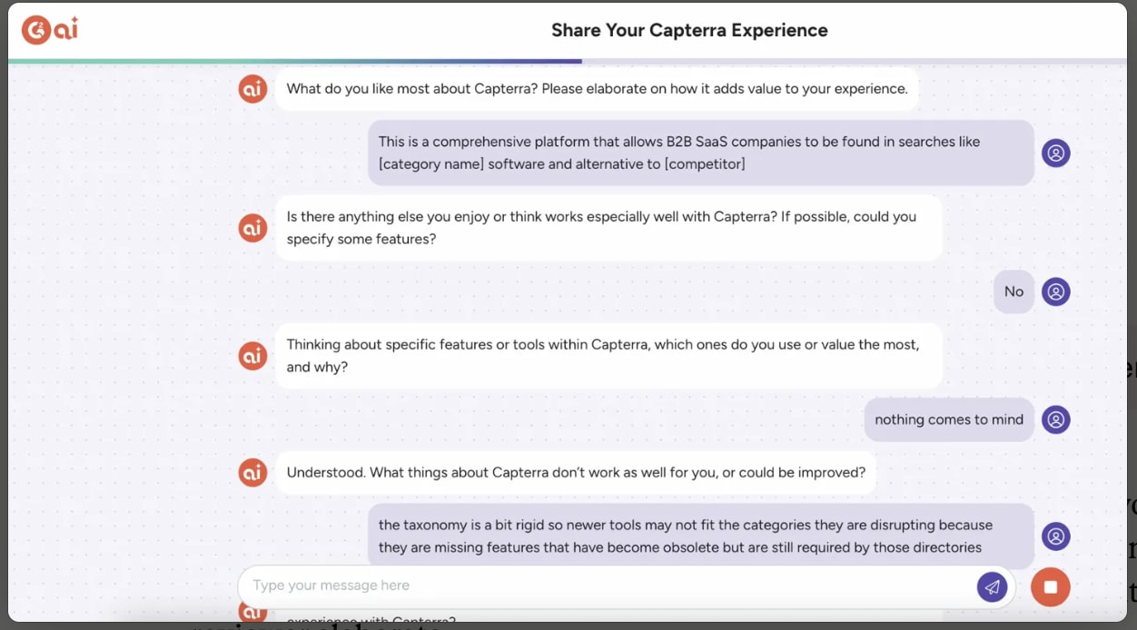 G2 AI chat interface showing minimal responses and lack of conversational depth