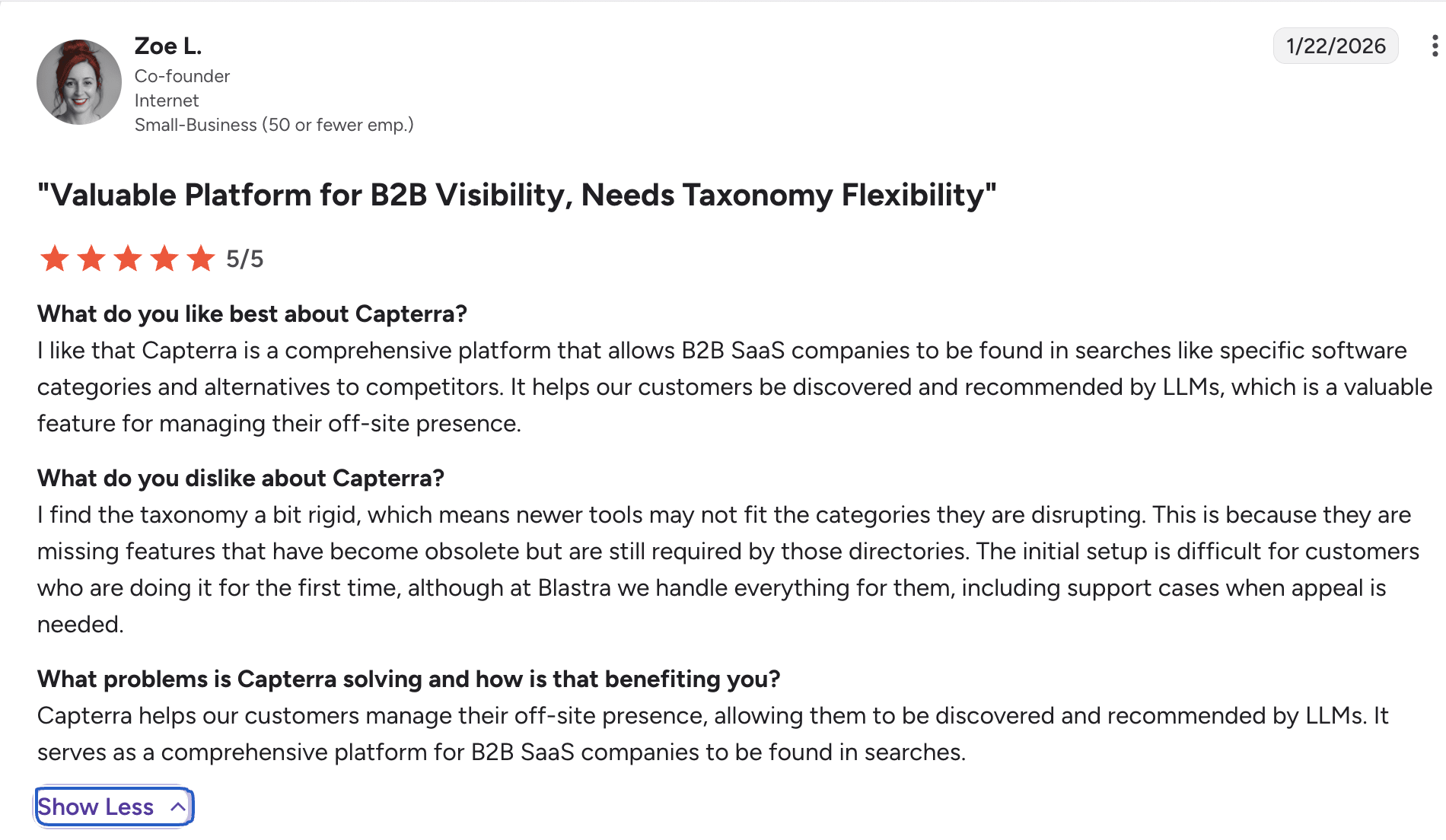 Final G2 review generated by AI chat showing structured output from minimal responses