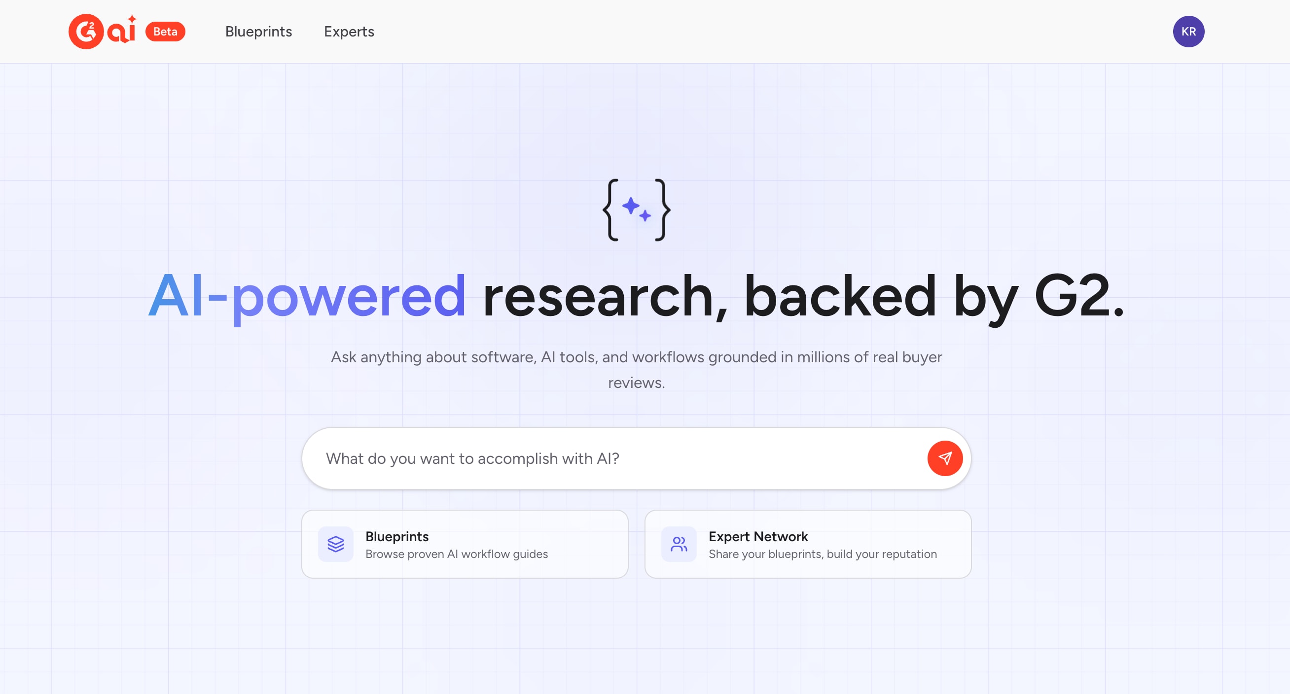 The ai.g2.com homepage: 'AI-powered research, backed by G2', with a prompt box asking 'What do you want to accomplish with AI?' and entry points for Blueprints and Expert Network