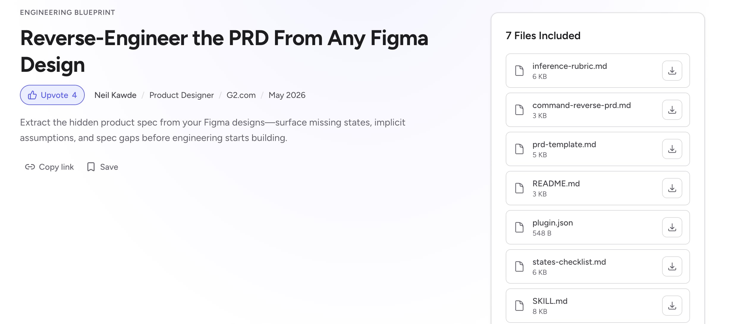 Reverse-Engineer the PRD blueprint page showing 7 included files such as SKILL.md and plugin.json