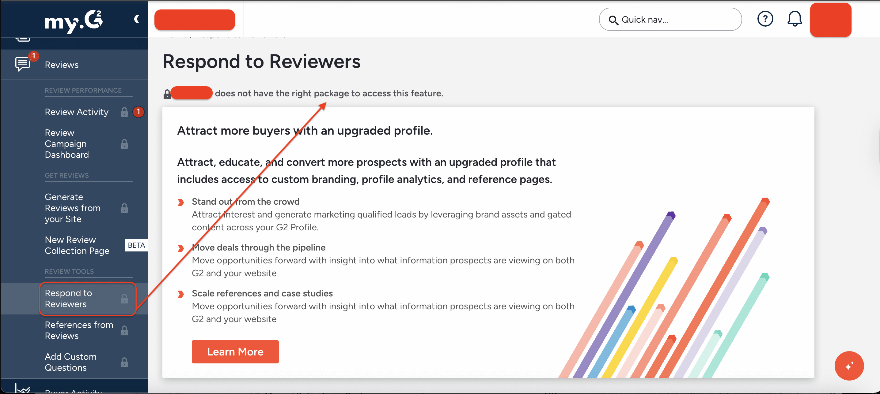 G2 dashboard showing review features locked behind paid plans