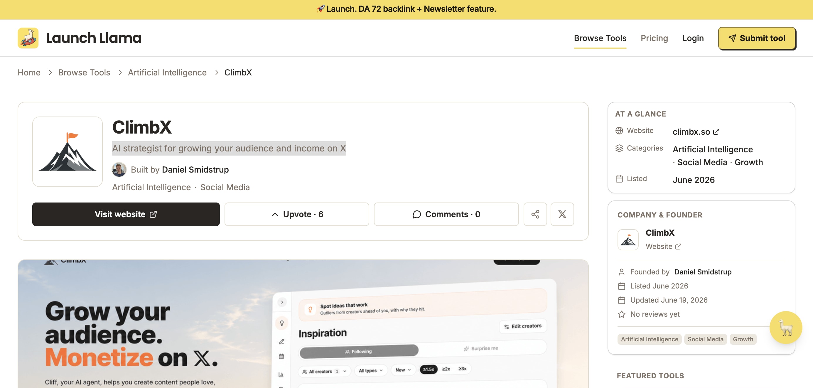 ClimbX's Launch Llama listing page, using the one-liner 'AI strategist for growing your audience and income on X'