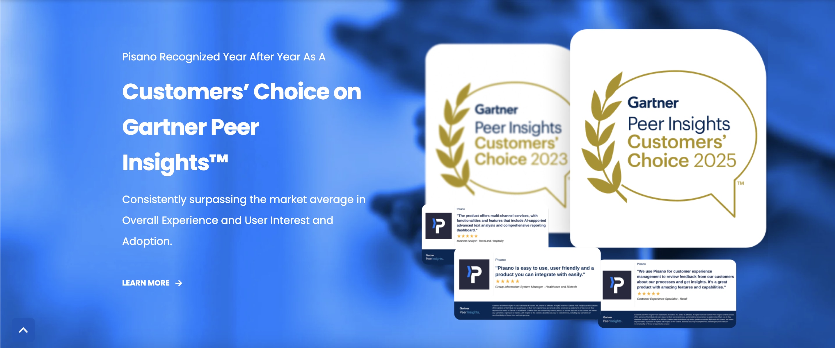 Vendor marketing page showing Gartner Peer Insights Customers' Choice badges from 2023 and 2025