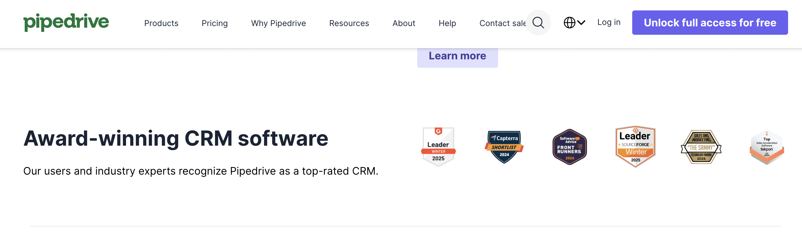 Pipedrive displaying their SourceForge Leader badge as social proof