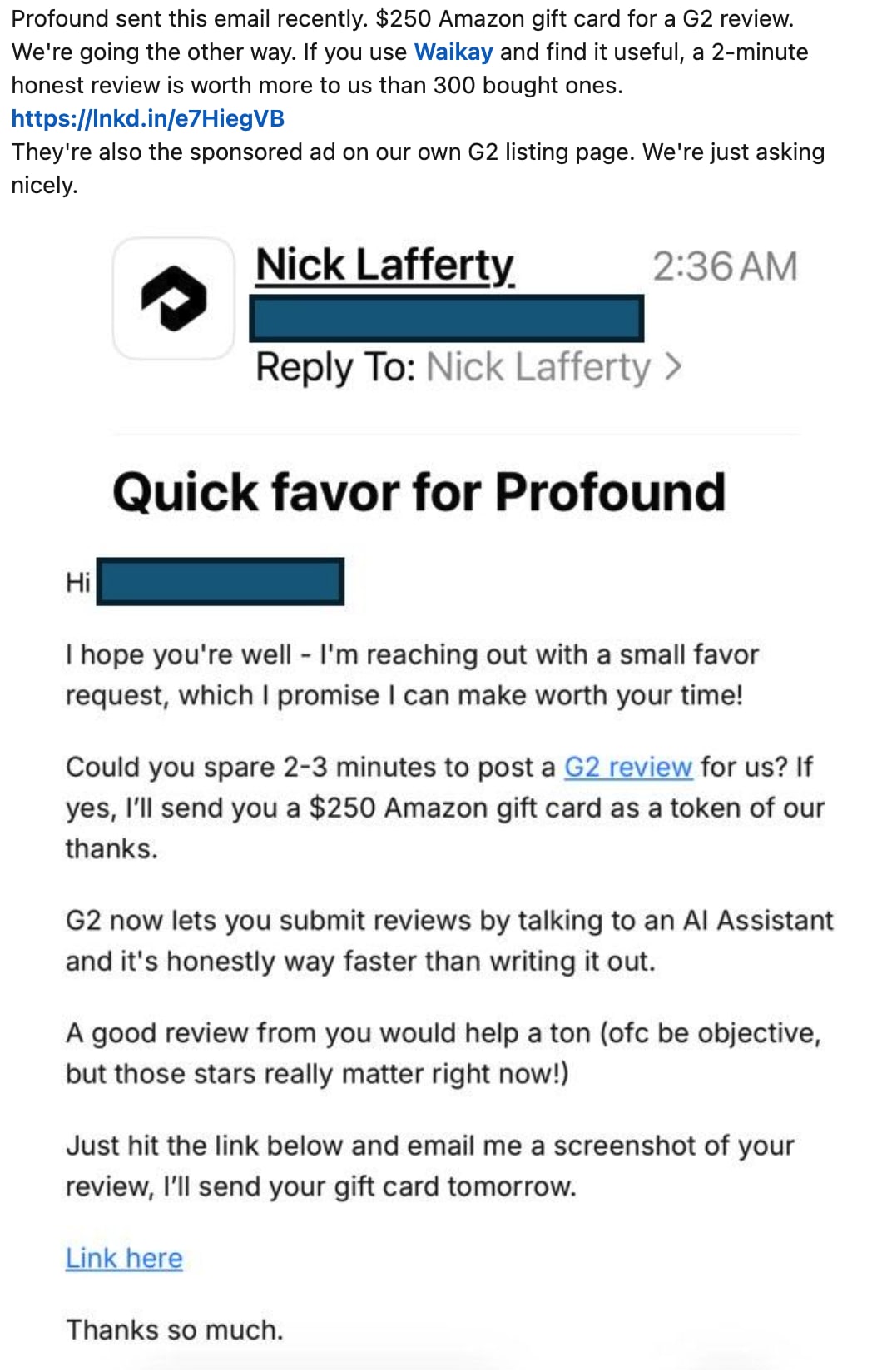 LinkedIn post by Dixon Jones (CEO, Waikay) showing the screenshot of an email allegedly sent by Nick Lafferty (Profound) offering a $250 Amazon gift card for a G2 review. Authenticity unconfirmed at publication.