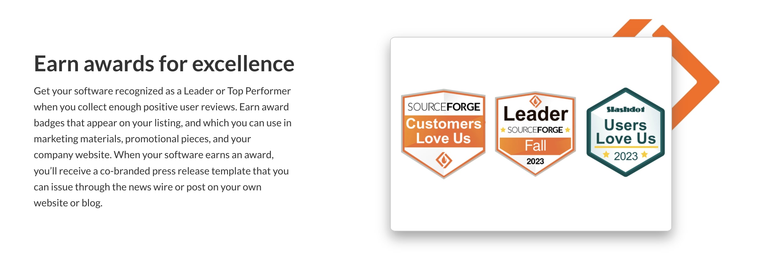 SourceForge badge examples including Leader, Top Performer, and Star Rating badges