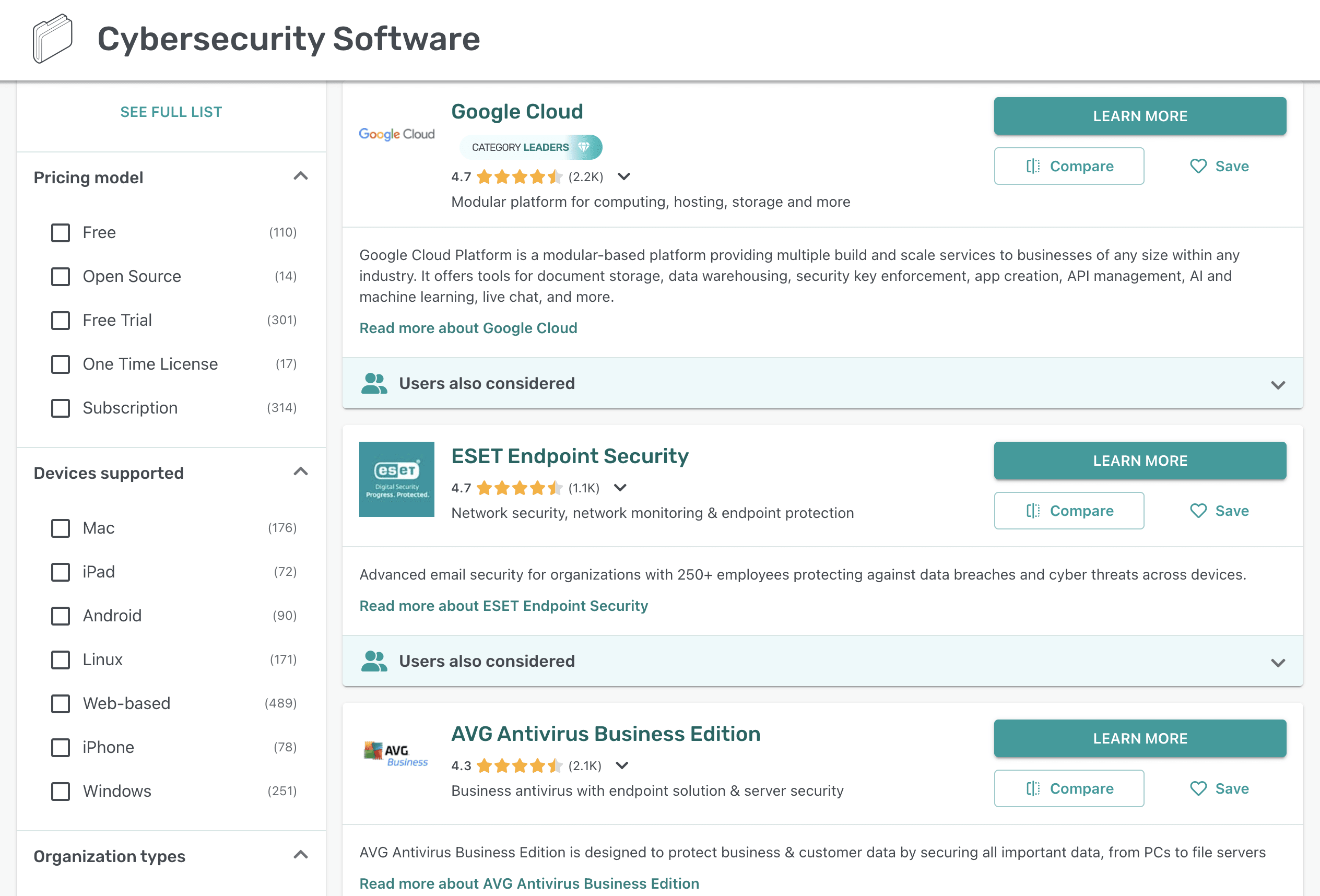 Cybersecurity software listings on GetApp directory