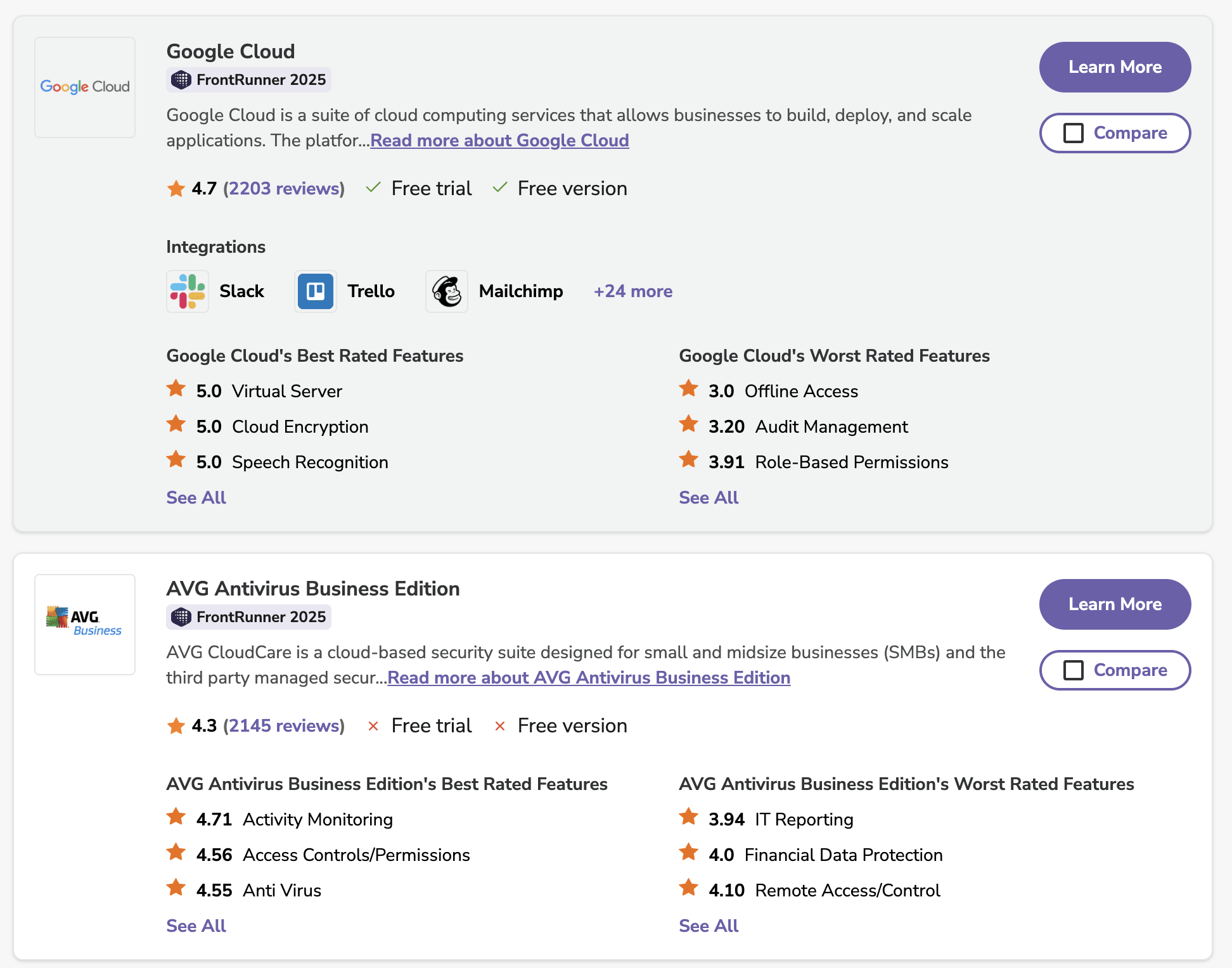 Cybersecurity software listings on Software Advice directory