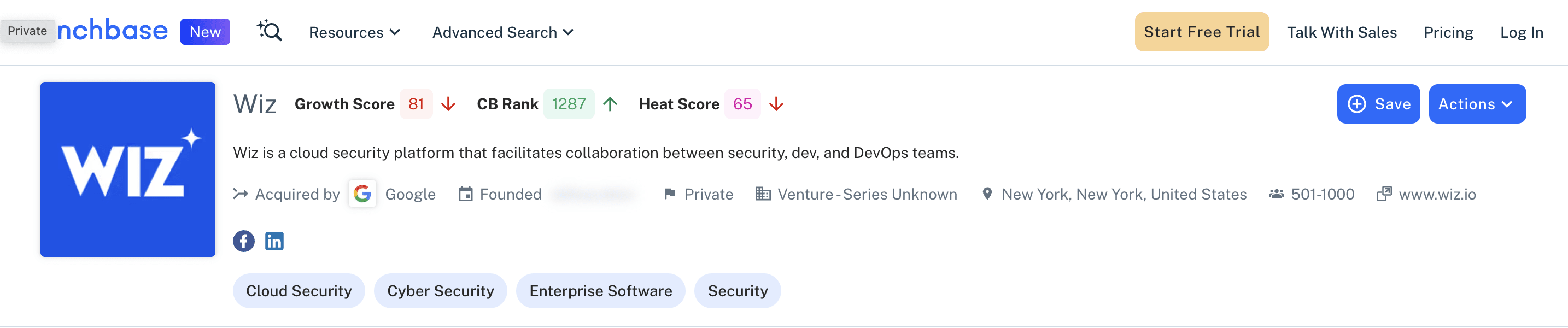 Wiz company profile on Crunchbase showing funding and company details