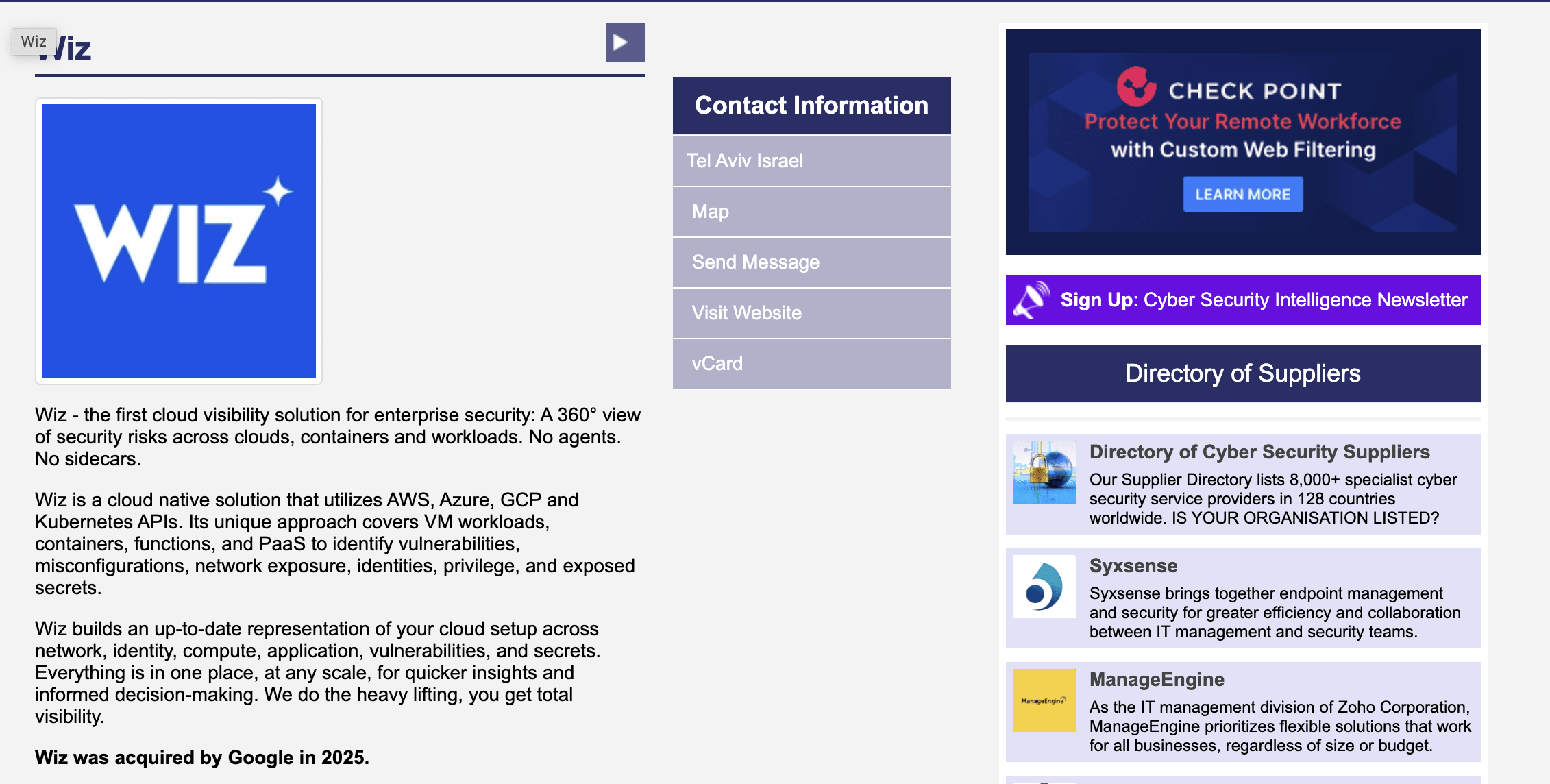 Wiz listing on Cyber Security Intelligence directory