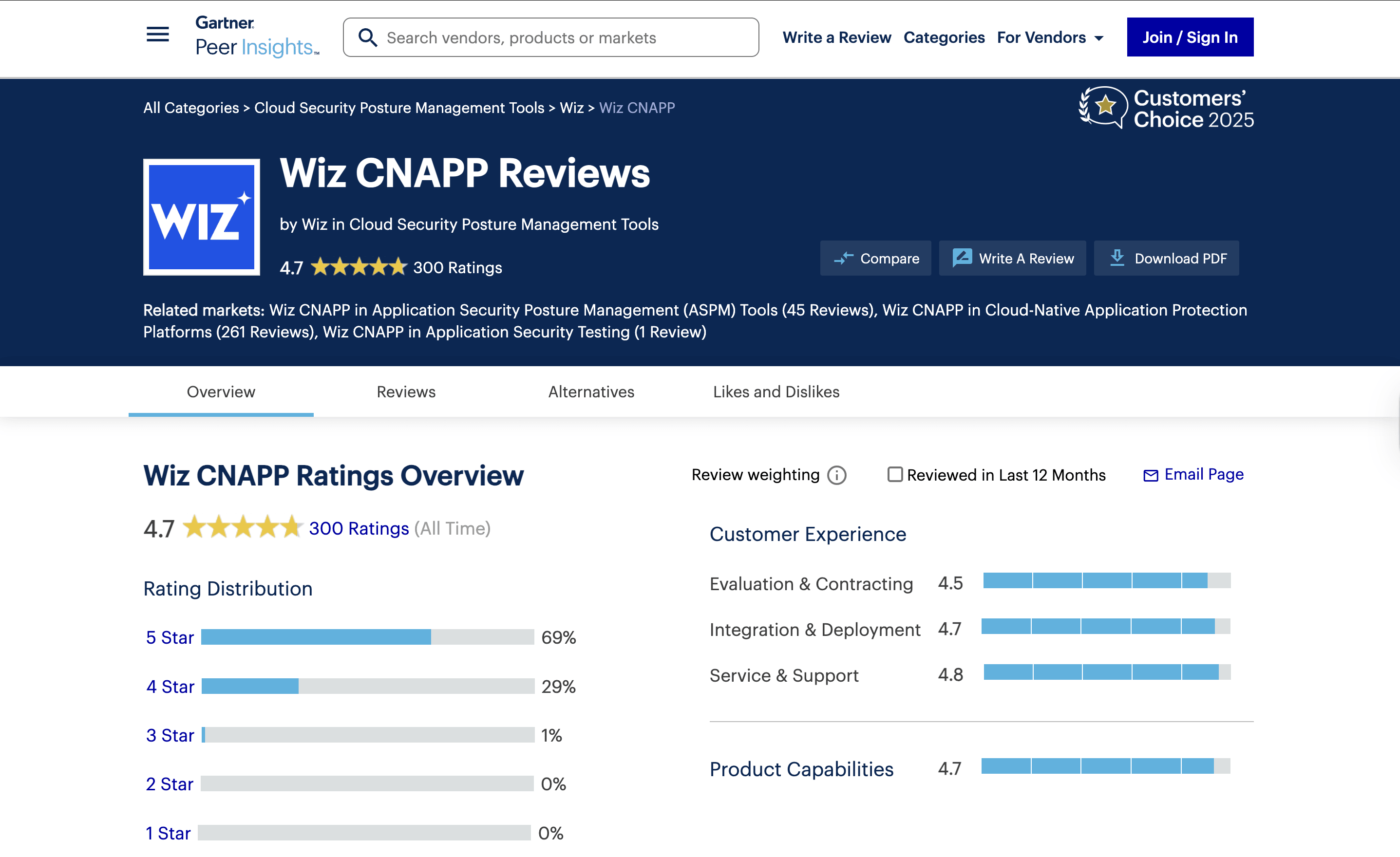 Wiz listing on Gartner Peer Insights with enterprise reviews and ratings