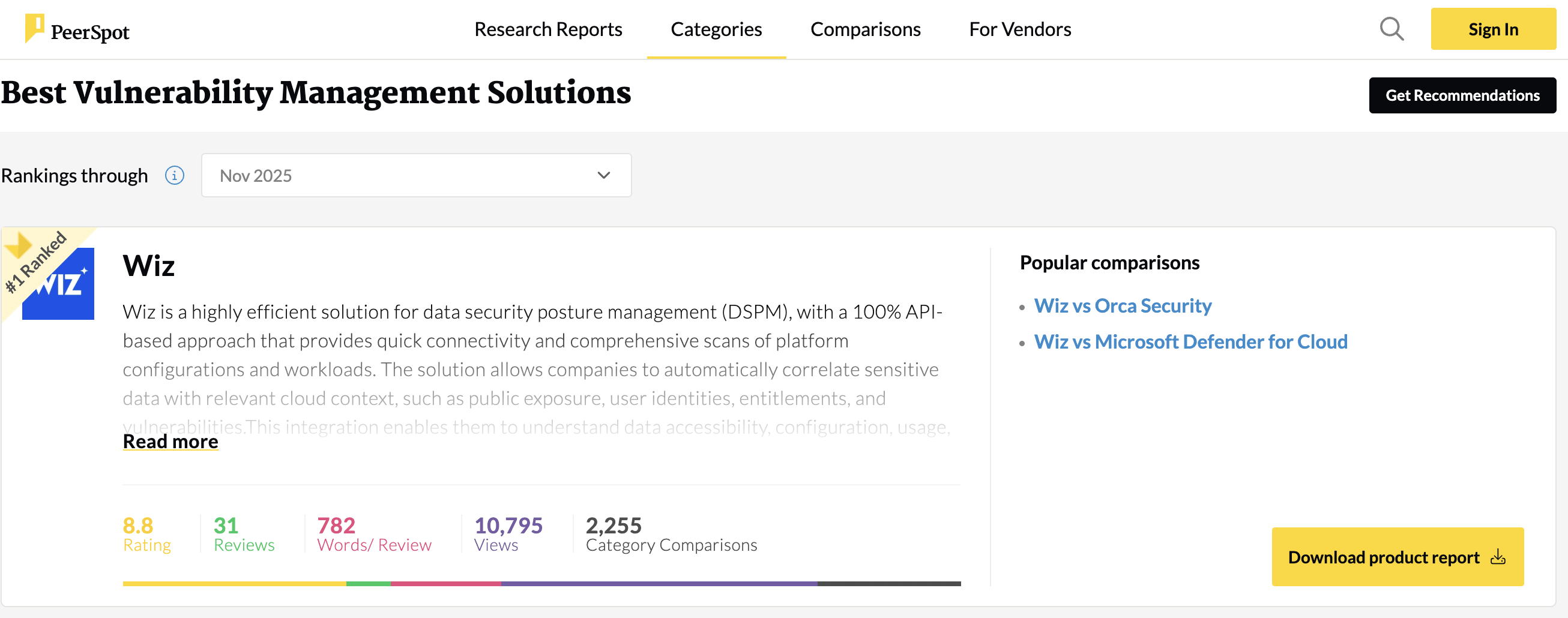 Wiz listing on PeerSpot showing enterprise cybersecurity product reviews