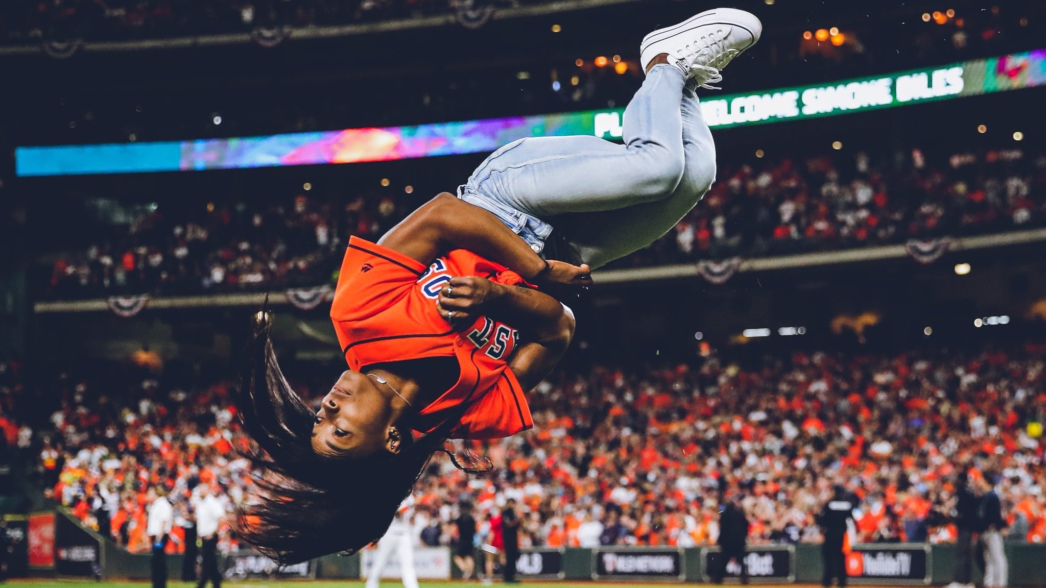 Flipping out! Simone Biles' World Series opening pitch goes viral