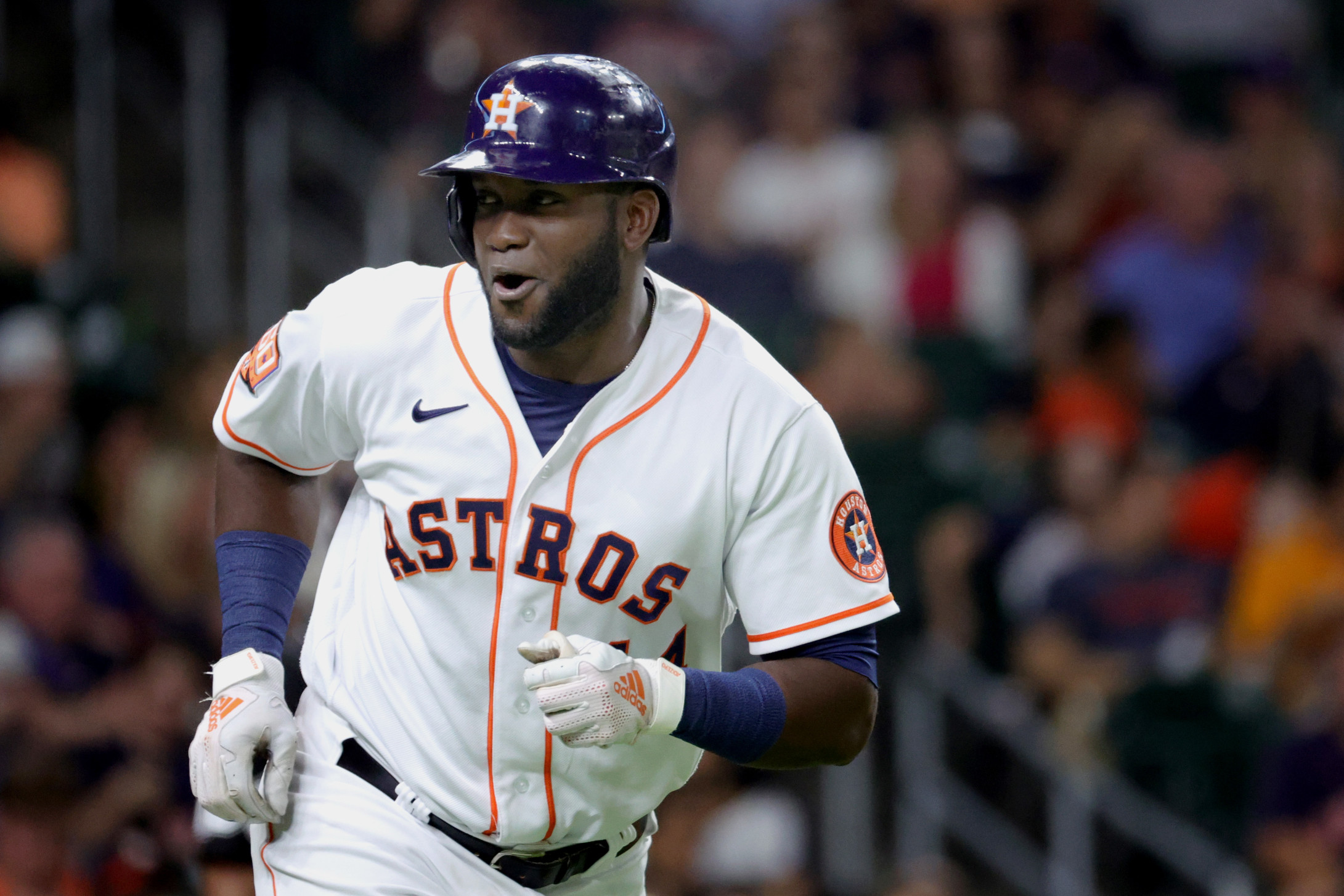 Houston Astros designated hitter Yordan Alvarez (44) hits a two