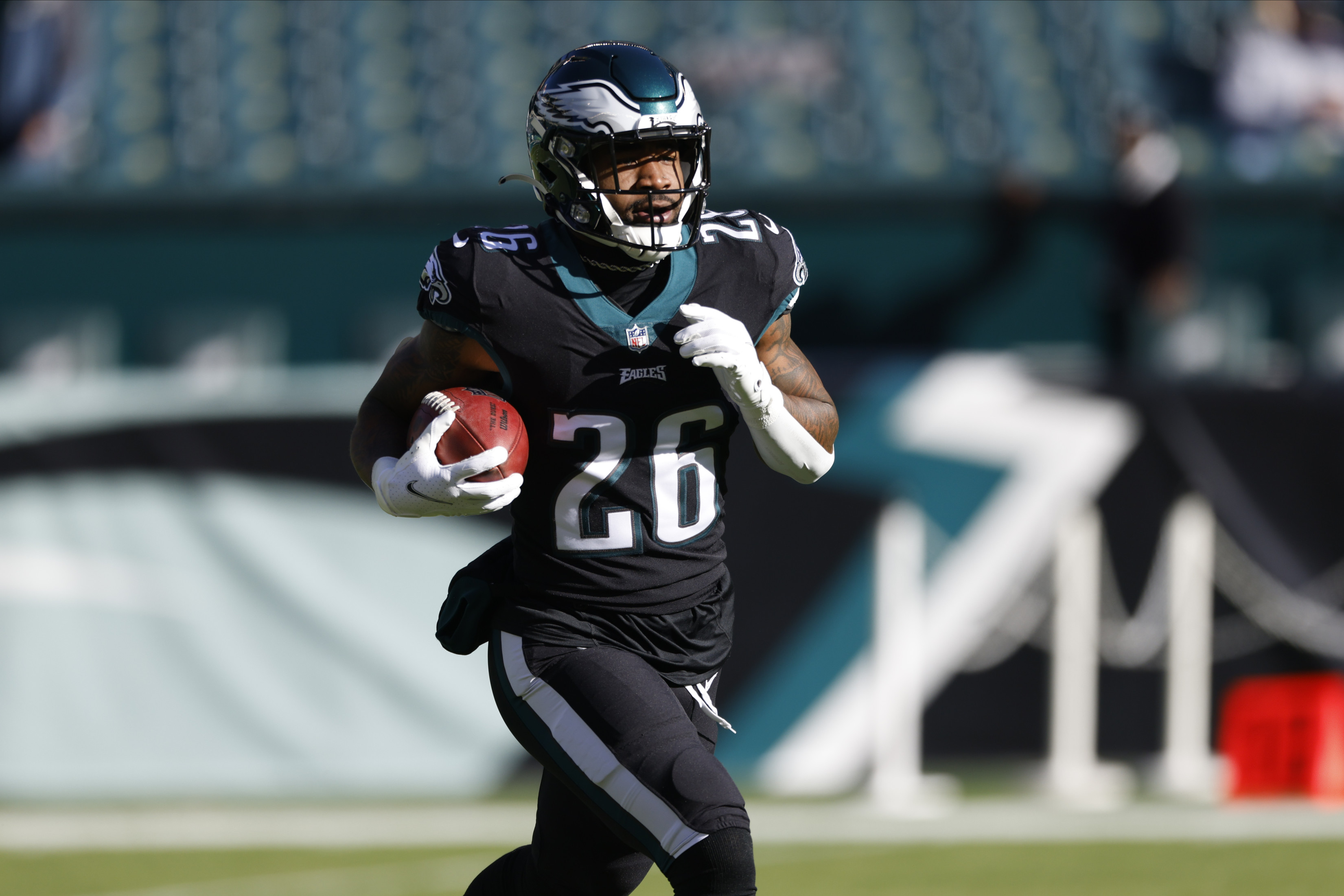 Philadelphia Eagles running back Miles Sanders (26) reacts after a