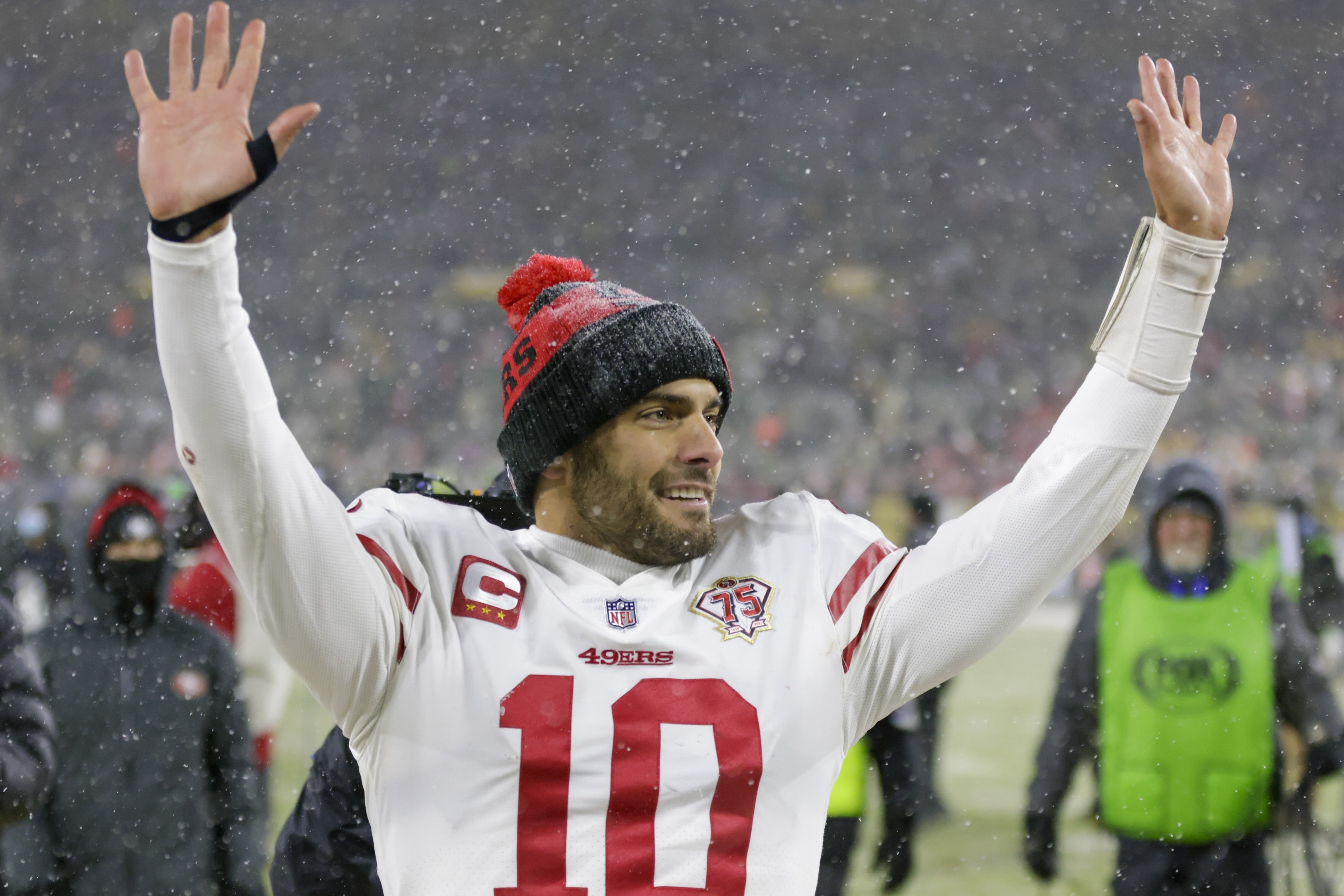 Green Bay, United States. 22nd Jan, 2022. San Francisco 49ers' Jimmy  Garoppolo (10) waves to the crowd after beating the Green Bay Packers 13-10  in their NFC divisional playoff game at Lambeau