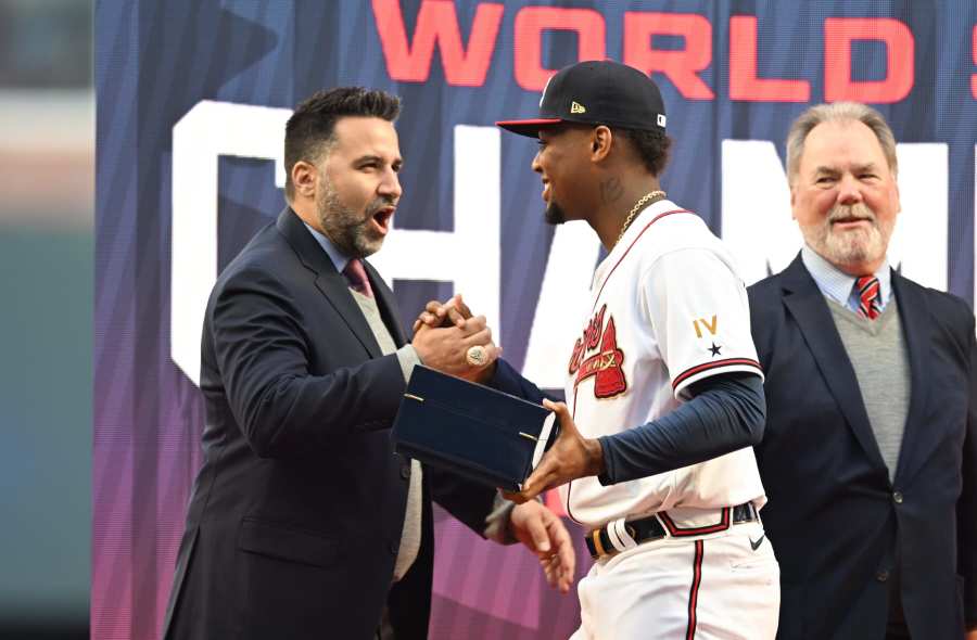 Atlanta Braves first baseman Freddie Freeman (5) holds the National League  Most Valuable Player award during a ceremony before a baseball game against  the Philadelphia Phillies Sunday, April 11, 2021, in Atlanta. (