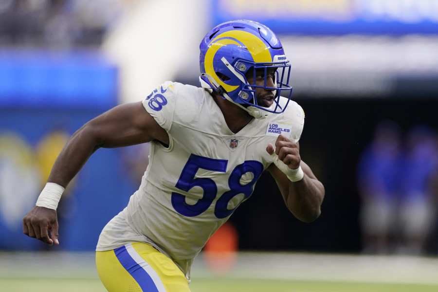 Former L.A. Ram Justin Hollins gets to Mayfield for 3-yard sack