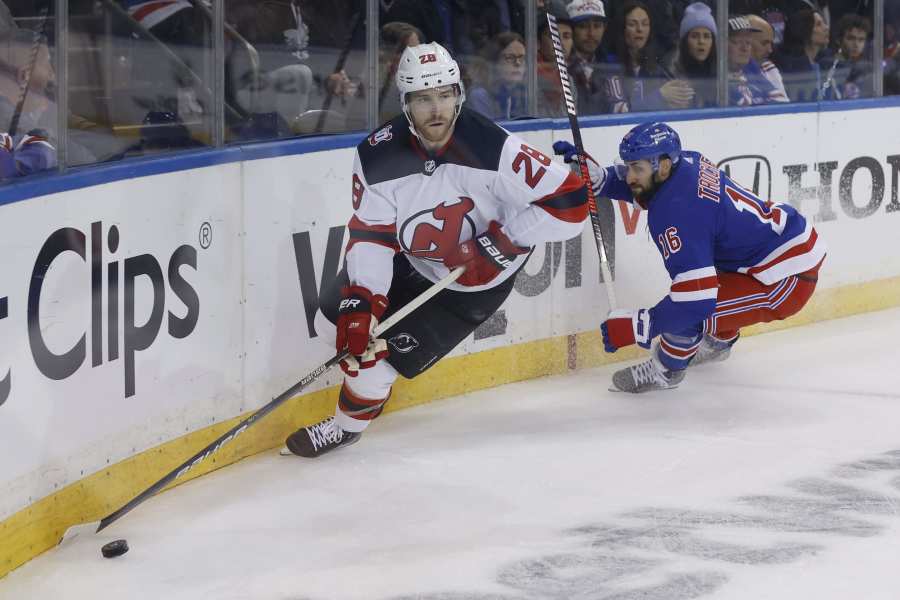 Ondrej Palat of the New Jersey Devils scores on Igor Shesterkin of News  Photo - Getty Images