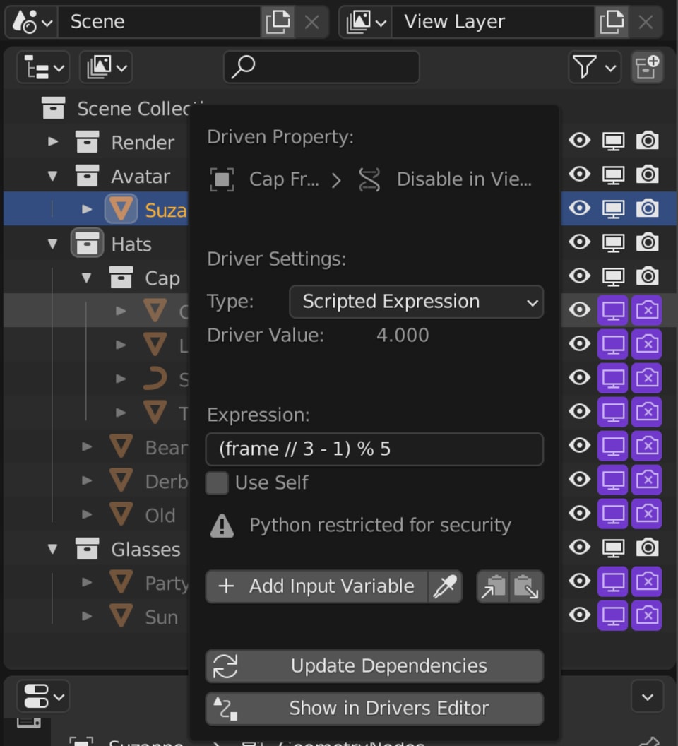 The driver expression driving the visibility of the objects in the Cap Collection