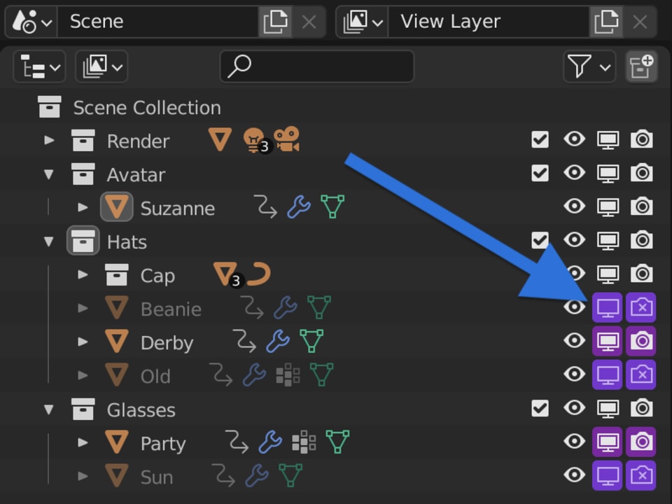 Enabling / Disabling objects in the Blender Outliner