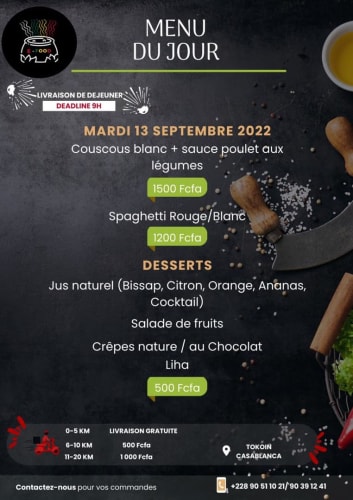 Menu du Mardi 13 Septembre 2022