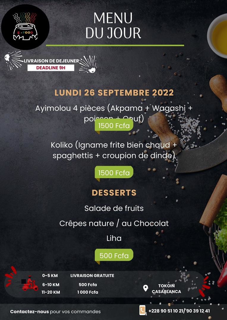 Menu du Lundi 26 Septembre 2022