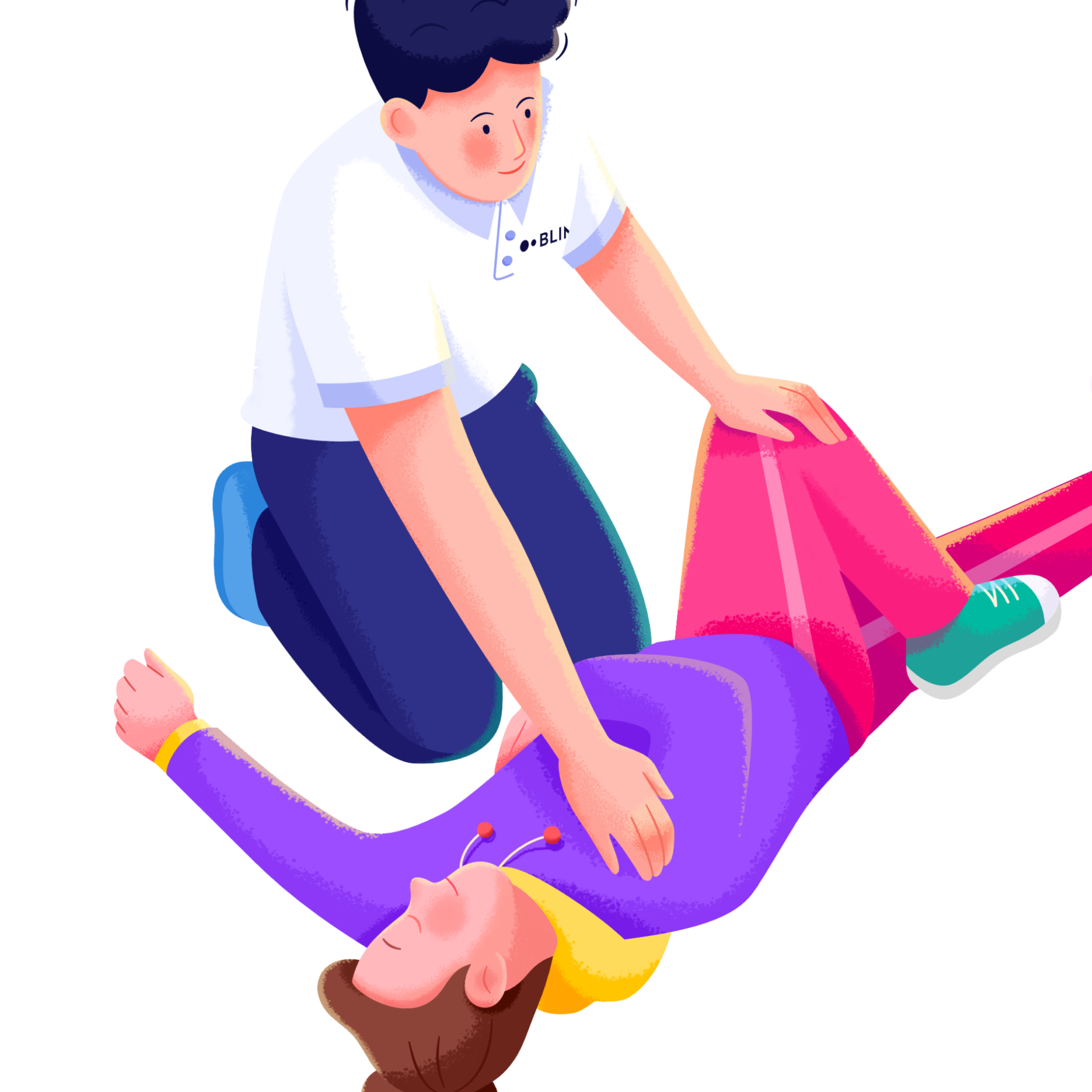 Eine bunte Illustration: Ein Kursinstruktor von BLINK zeigt an einer Person, wie man jemanden in die stabile Seitenlage bringt.