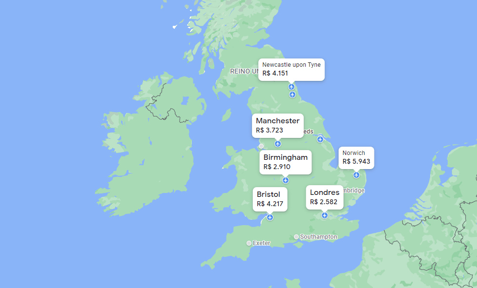 Mapa com valores das passagens áreas para cada cidade da Inglaterra