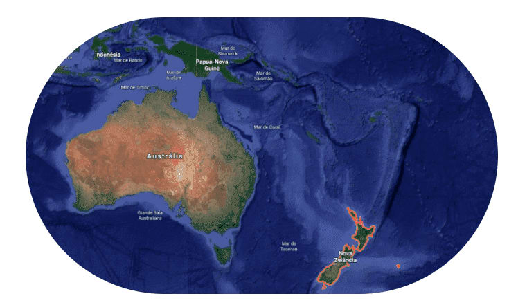 Nova Zelândia marcada no mapa mundi 