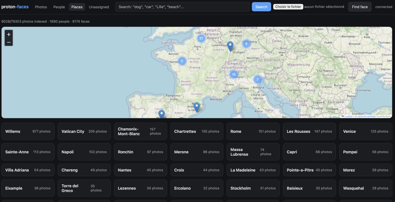 The Places tab: every enriched location pinned and clustered on an OpenStreetMap map