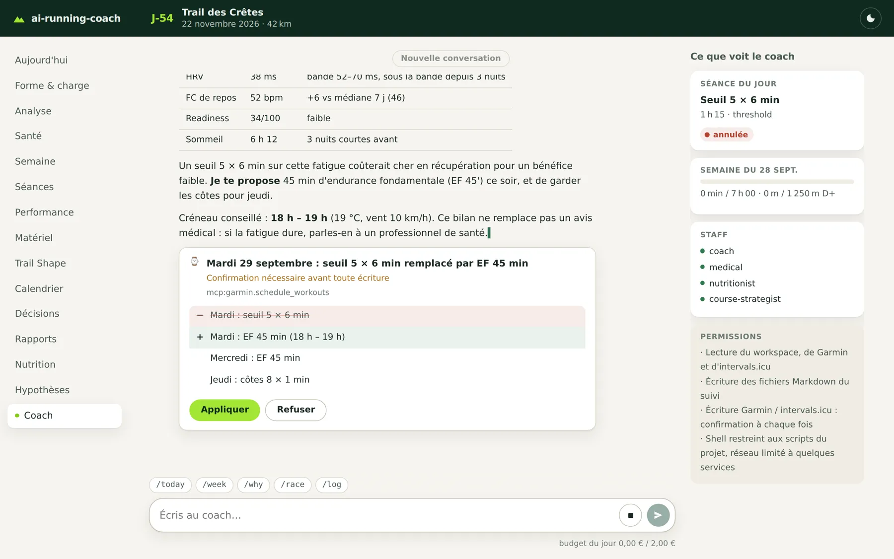 The Coach page: the morning check in a table, a proposed change with an approval card (threshold session replaced by 45 minutes of easy running), and on the right what the coach can see
