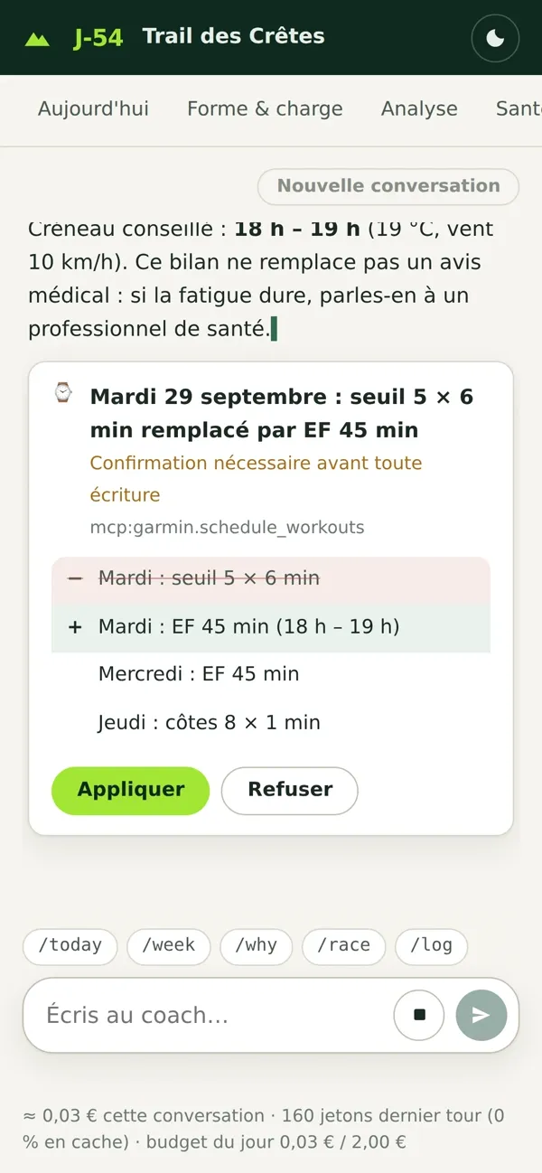 The Coach page on a phone: the approval card with Apply and Refuse buttons