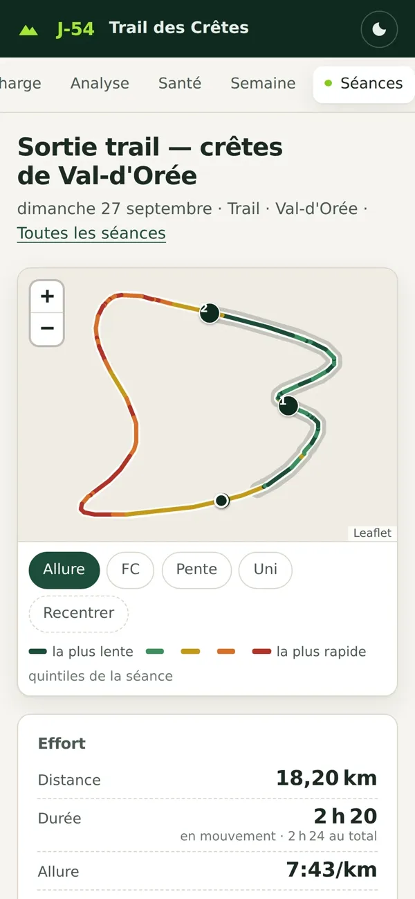The session page on a phone: map and effort summary