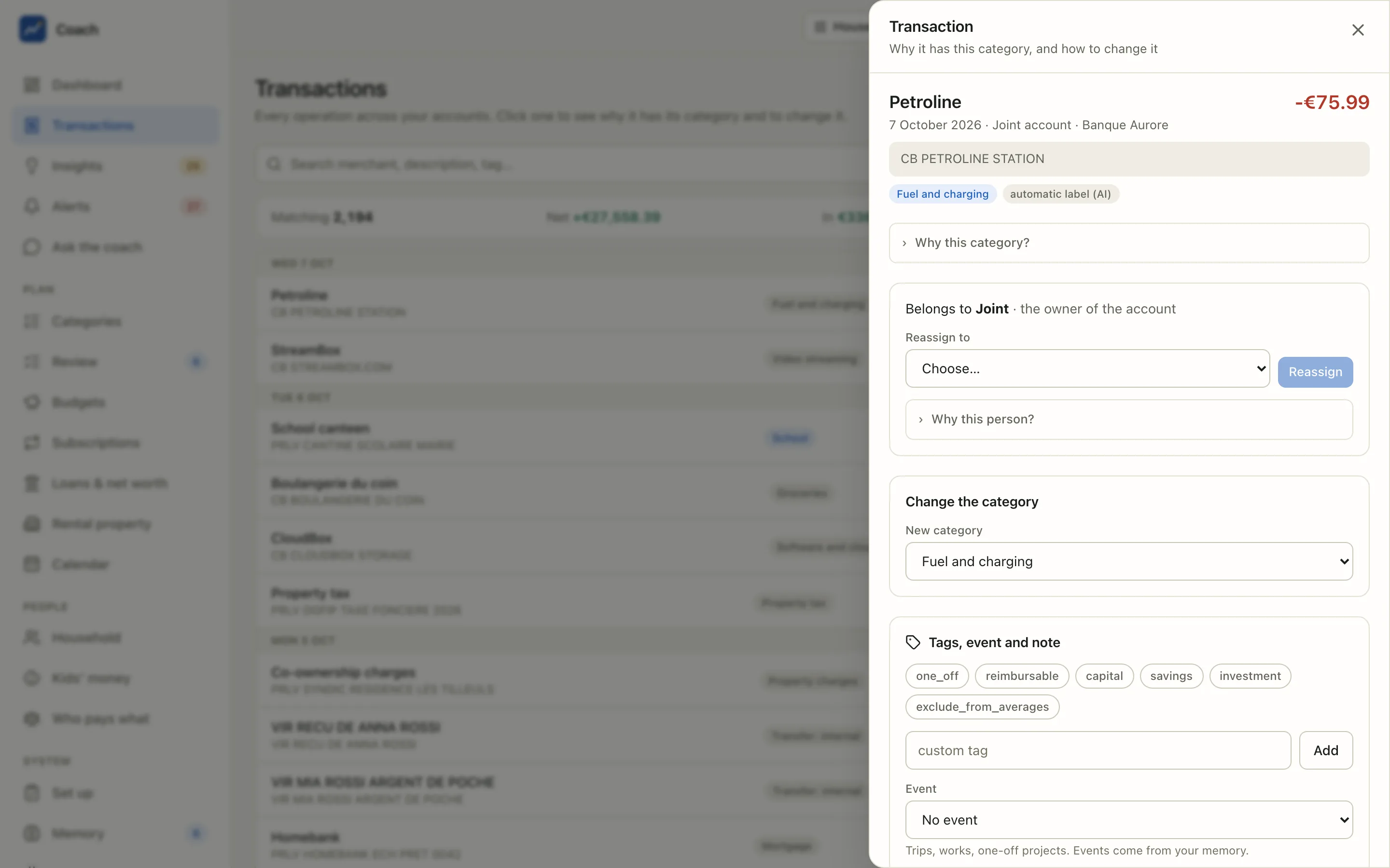 A transaction opened in the web app: the raw bank description, the category with &ldquo;automatic label (AI)&rdquo;, &ldquo;why this category?&rdquo;, who it belongs to and how to reassign it, the category change, tags, event and note