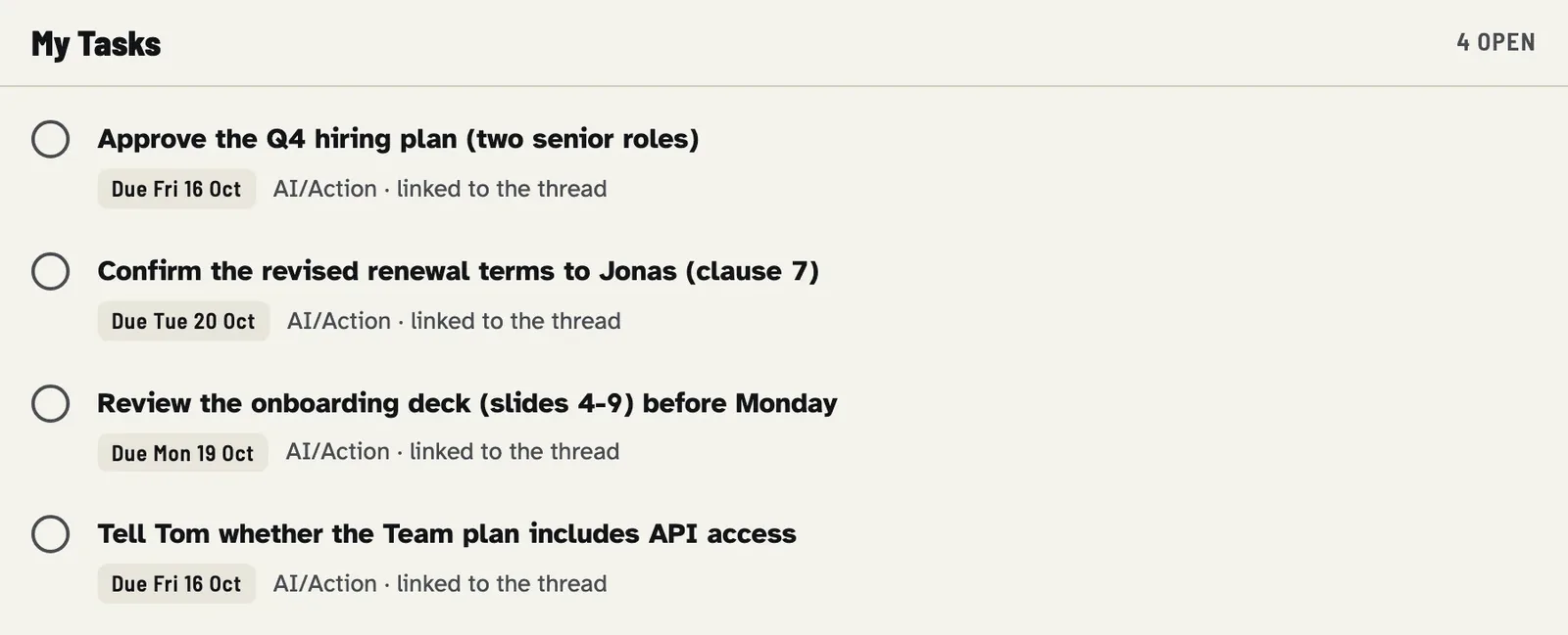 The demo&rsquo;s Google Tasks list after the applied run: four open tasks, such as &ldquo;Approve the Q4 hiring plan (two senior roles)&rdquo; due Friday 16 October and &ldquo;Review the onboarding deck (slides 4-9) before Monday&rdquo;, each tagged AI/Action and linked to its thread