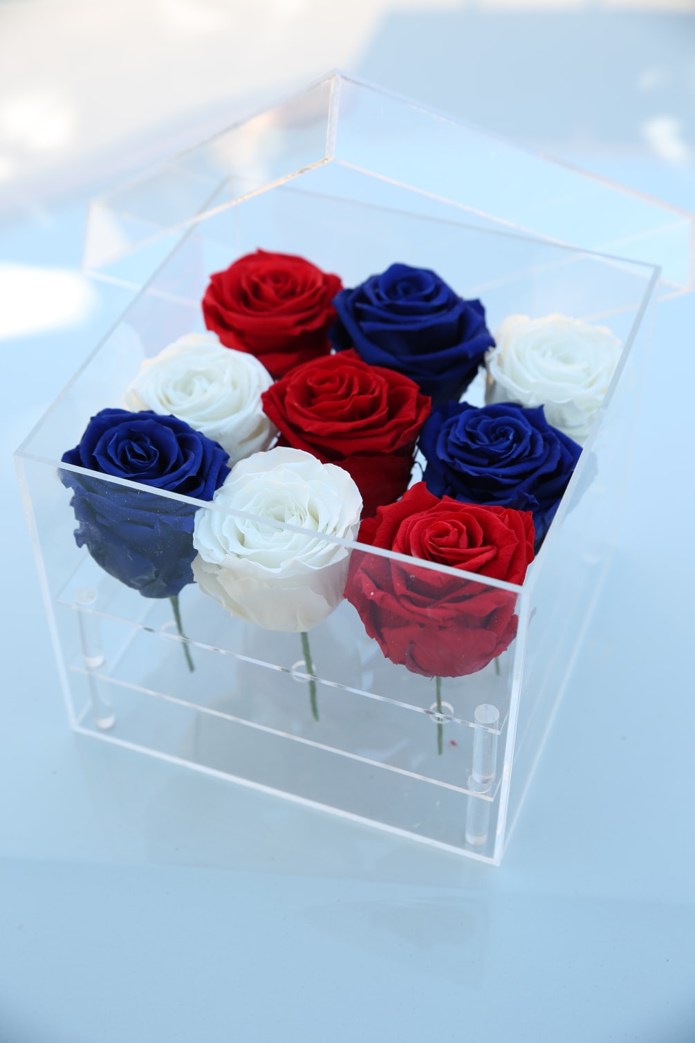 Everlasting Roses In Clear Case Red White And Blue 4th Of July Design
