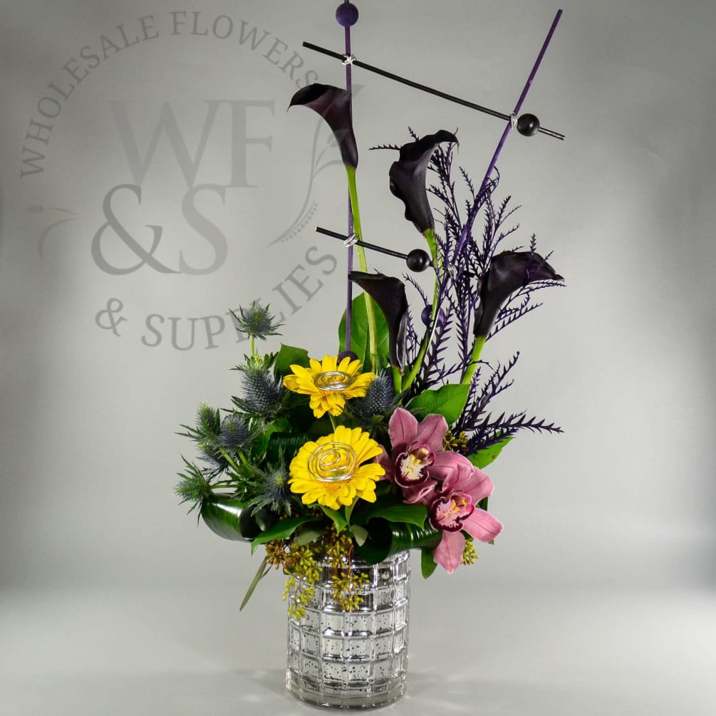 Silver Ceramic Container With Daisies Dark Knight Calla Lilies