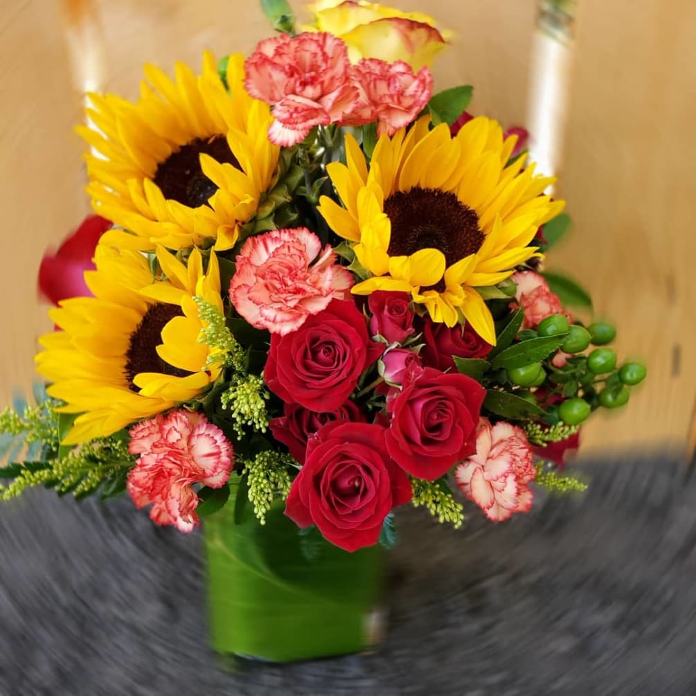 Sunflowers With Red Roses