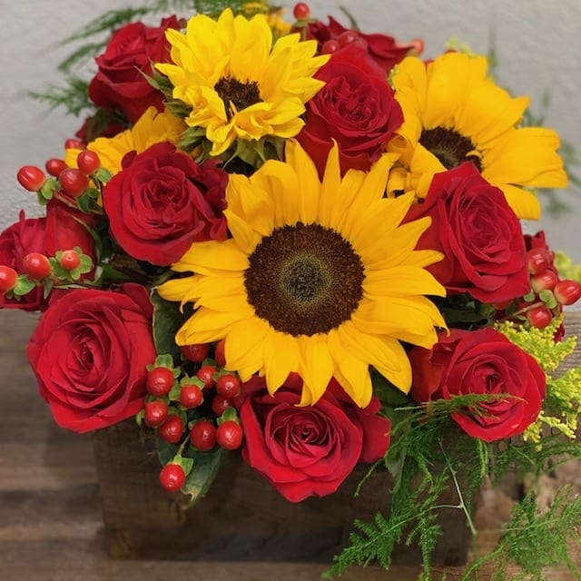 Red Roses And Sunflower Rustic Stained Box By Merced Floral 6028